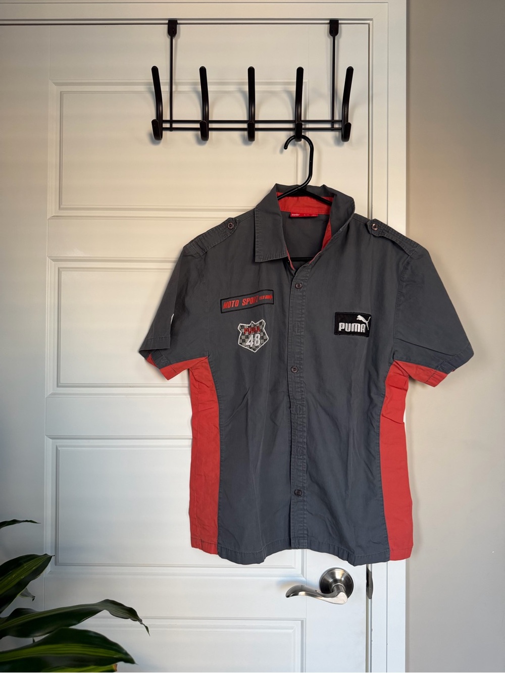 Puma Grey and Red Short-Sleeve Button-Up Motorsport Shirt